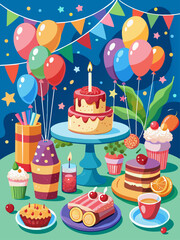 A vibrant birthday feast with a delectable cake, colorful balloons, and a backdrop of streamers and confetti.