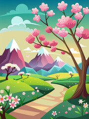 Blossoming trees and a vibrant meadow create a picturesque landscape in vibrant colors.