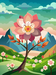 Fototapeta na wymiar Blossoming trees and rolling hills create a picturesque vector landscape.