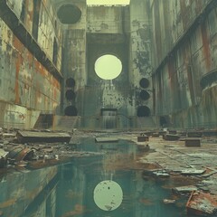 Dirty rough abandoned old slammed, Neo brutalism, dangerous huge underground place, unsecured, 3D Effects, chrome effect