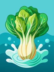 Bok choy floating in bubbling water, set against a vibrant blue backdrop.