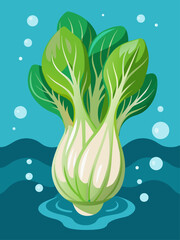 Water droplets glisten on the emerald leaves of bok choy, captured against a serene blue background. - obrazy, fototapety, plakaty