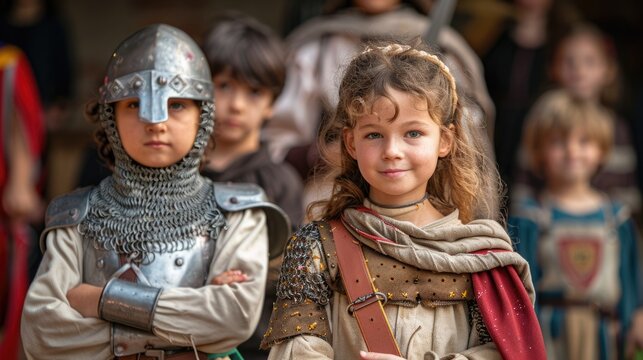 A boy and a girl swapping traditional gender roles in a school play, with the girl playing the knight and the boy playing the damsel in distress