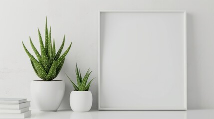 White blank frame for mock up with aloe vera plant o desk isolated white background. AI generated