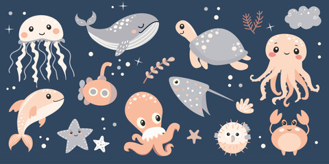 Set of cute sea animals. Vector illustration in a flat style.