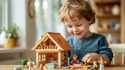 A boy happily playing with a dollhouse, arranging the furniture and dolls inside