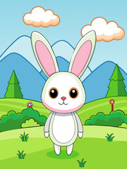 Fototapeta premium A fluffy bunny hops through a vibrant green meadow, its playful spirit captured against a picturesque sky.