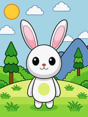 Fototapeta premium A cute bunny hops through a lush green meadow with blooming flowers.