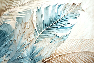 Stunning 3D leaf design wallpaper with a blend of soft pastels and intricate textures