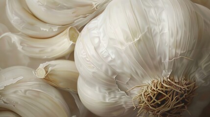 Close up group of organic white dried garlic food spice. AI generated image
