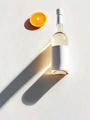 An elegant still life depicting sunlight casting shadows on a bottle with a blank