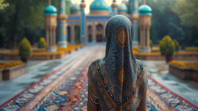 Beautiful oriental girl in scarf on the background of oriental temple, mosque Islam, Buddhism, Hinduism