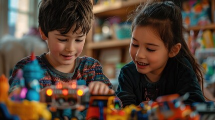 A boy and a girl swapping favorite toys, with the boy playing with a sparkle pony and the girl assembling a robot, both showing joy and fascination - obrazy, fototapety, plakaty