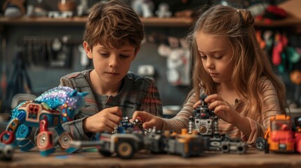 A boy and a girl swapping favorite toys, with the boy playing with a sparkle pony and the girl assembling a robot, both showing joy and fascination
