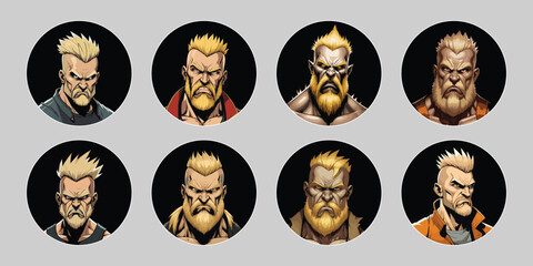 Caucasian male with a muscular build, around 35 years old, with a prominent yellow beard and yellow hair styled upwards, displaying a angry expression, on a black background 8 man character