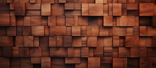 A close up of a brown hardwood wall with rectangular brickwork squares, showcasing the natural beauty of the woods grain and stain