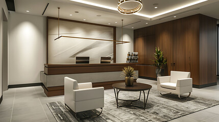Modern executive office design with a custom-built reception desk, comfortable waiting area chairs, and a statement rug