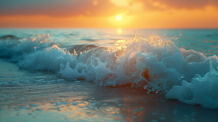 Close up of foamy wave on the background of sunset 