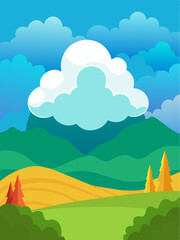 A cloudy vector landscape background with a blue sky and white clouds.