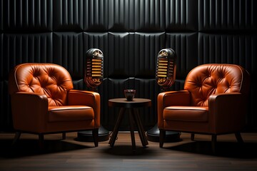 3d rendering of two vintage armchairs and a microphone in the dark room