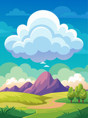 Fototapeta na wymiar This cloud vector landscape background depicts a serene and picturesque scene with fluffy clouds floating in a clear blue sky, casting gentle shadows on the rolling hills below.