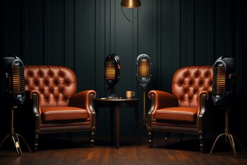 3d rendering of two vintage armchairs and a microphone in the dark room