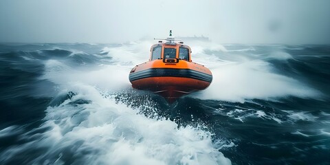 Rescue boat battles stormy seas during emergency mission. Concept Rescue boat, Stormy seas, Emergency mission, Heroic efforts, High waves