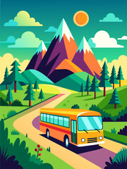 Vector art showcasing a serene landscape with a multitude of buses. - obrazy, fototapety, plakaty