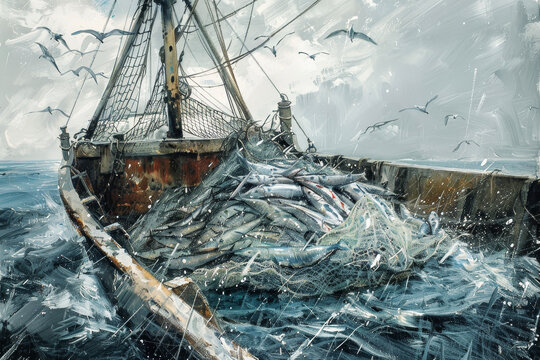 a fishing boat with a large net full of fish on the deck