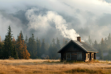 A cozy cottage nestled in a meadow, smoke rising from its chimney - obrazy, fototapety, plakaty