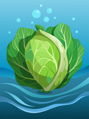A green cabbage is submerged in water, creating ripples and bubbles in its wake.