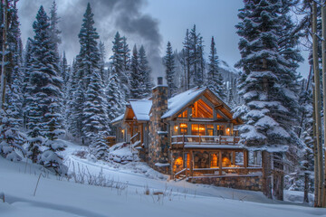 A cozy cabin nestled among snow-covered pine trees, smoke rising from the chimney.
