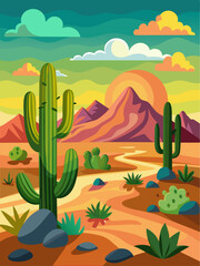 Fototapeta na wymiar Cactus landscape with towering saguaro cacti, blooming flowers, and a distant mountain range.