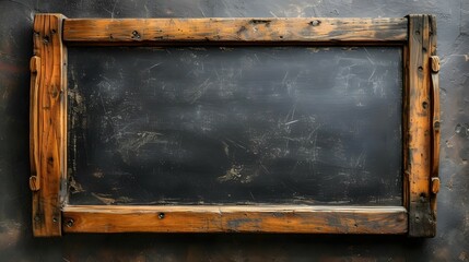 Blank School Chalk Board on the Wall, Blackboard with rubbed wooden frame, old vintage dirty chalkboard. Back to School concept, for classroom or restaurant menu. Template blackboard for design - obrazy, fototapety, plakaty
