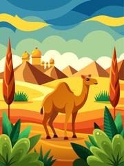 A camel stands in the foreground of a vast desert landscape, its silhouette contrasting against the golden hues of the sky.