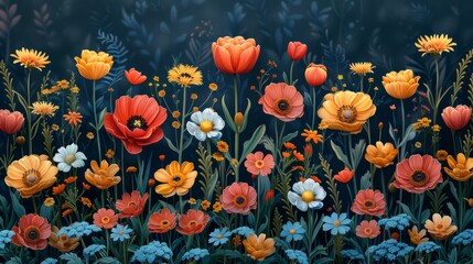  Various Blooming Flowers Including Tulips and Daisies - A Colorful Collection of Botanical Artistry  - obrazy, fototapety, plakaty