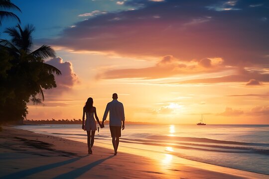 Silhouette of romantic couple holding hands and walking on tropical beach at sunset