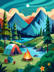 Tranquil camp scene with serene lake and majestic mountains under clear blue sky