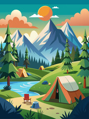 Tranquil camp scene with serene lake and majestic mountains under clear blue sky