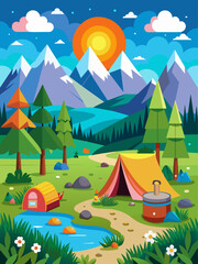 A serene camp setting amidst a lush forest, with towering trees, a glowing campfire, and a tent under a starry sky.
