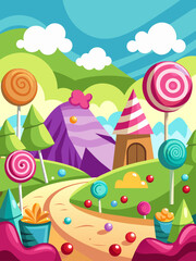 Candy vector landscape background features a vibrant and whimsical world filled with colorful candies, lollipops, and other sugary treats.