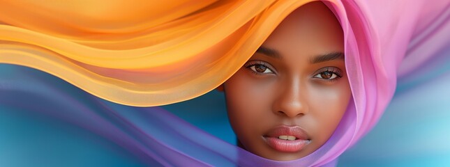 A beautiful young african woman covered with colorful swirling fabrics, African woman with a colorful shawl, AI Generated
