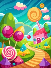 Candy-filled landscape with cotton candy clouds and chocolate-dipped trees.