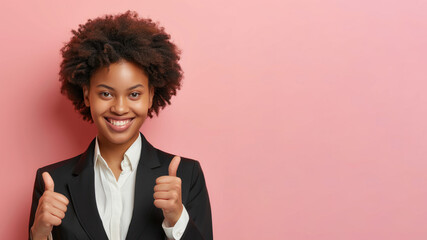 Afro businesswoman thumb up smile for success achievement performance