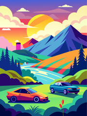 Fototapeta na wymiar A landscape vector background featuring a road with cars driving along it.