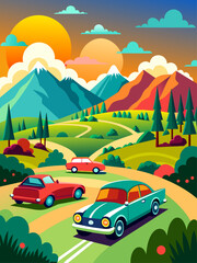 This vector landscape background features cars driving down a winding road, surrounded by mountains and trees.