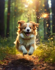 Joyful Canine Adventure: Cute Dog Chasing Firefly in Enchanting Forest