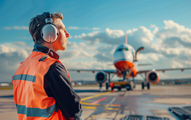 Service personnel in orange waistcoat and headphones at the airfield in the background of the aircraft - obrazy, fototapety, plakaty