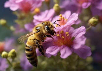 A bee sucks nectar from purple flowers