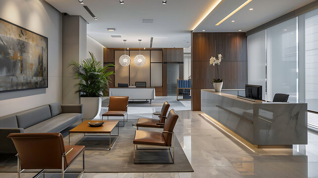 Modern Executive Office Design With A Reception Area, Lounge Seating, And A Communal Work Table For Guest Collaboration